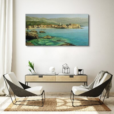 Tableau toile imprimée Paysage de bord de mer avec des collines de montagne