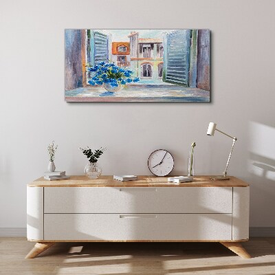 Tableau toile imprimée Des fleurs près de la fenêtre ouverte