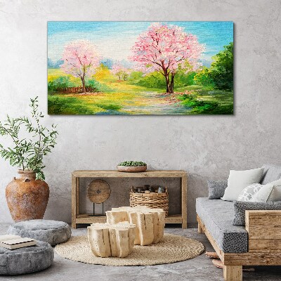 Tableau imprimé sur toile Arbres printaniers en fleurs roses
