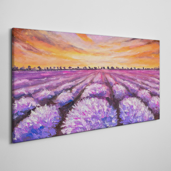 Tableau imprimé sur toile Champs de lavande violette au coucher du soleil