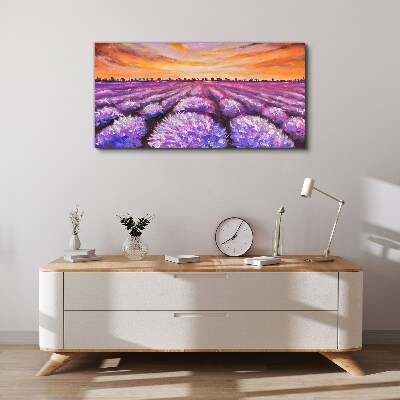 Tableau imprimé sur toile Champs de lavande violette au coucher du soleil