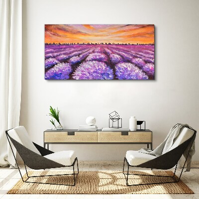 Tableau imprimé sur toile Champs de lavande violette au coucher du soleil