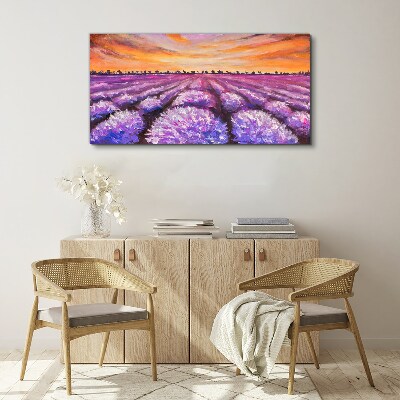 Tableau imprimé sur toile Champs de lavande violette au coucher du soleil