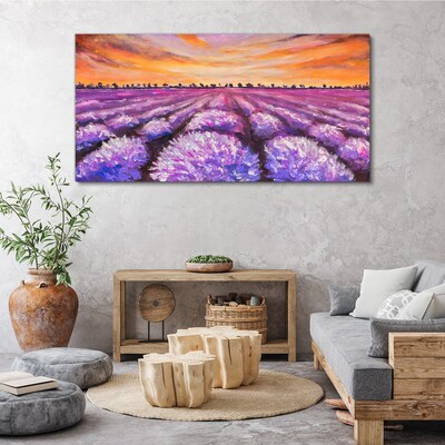 Tableau imprimé sur toile Champs de lavande violette au coucher du soleil