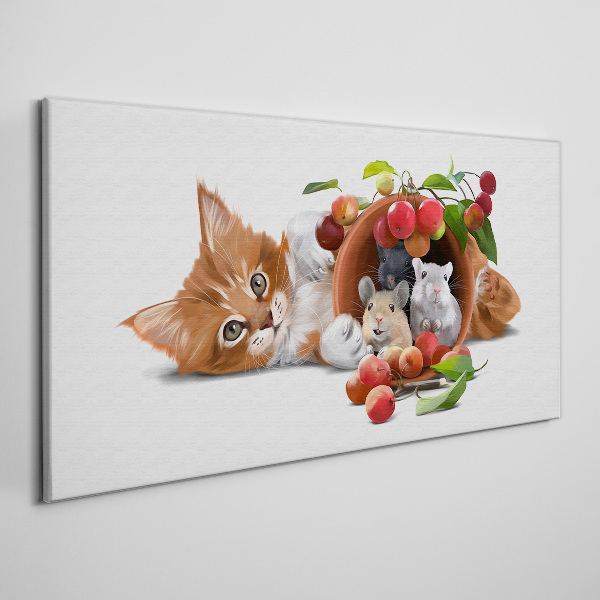 Tableau sur toile Chat avec des souris et des fruits