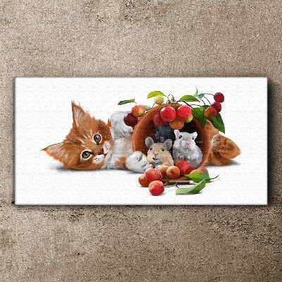 Tableau sur toile Chat avec des souris et des fruits