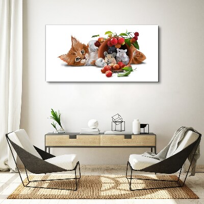 Tableau sur toile Chat avec des souris et des fruits