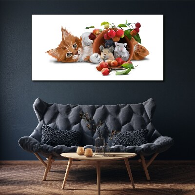 Tableau sur toile Chat avec des souris et des fruits