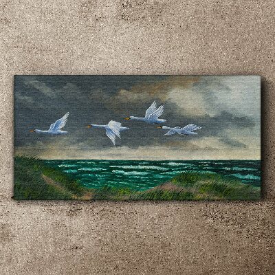 Tableau imprimé sur toile Vol de cygnes au dessus de la mer