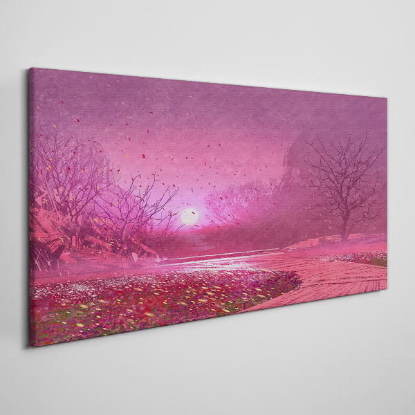 Tableau sur toile Brouillard rose sur le paysage printanier