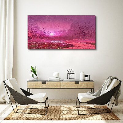 Tableau sur toile Brouillard rose sur le paysage printanier