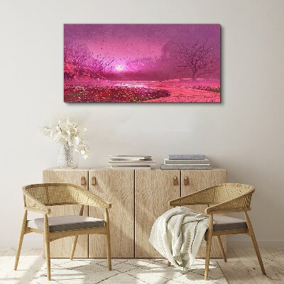 Tableau sur toile Brouillard rose sur le paysage printanier