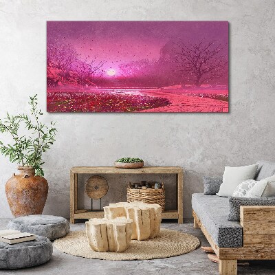 Tableau sur toile Brouillard rose sur le paysage printanier