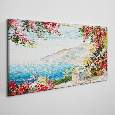 Tableau imprimé sur toile Paysage de bord de mer d'été avec des fleurs