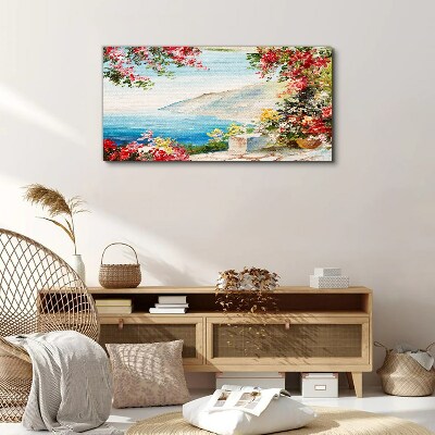 Tableau imprimé sur toile Paysage de bord de mer d'été avec des fleurs