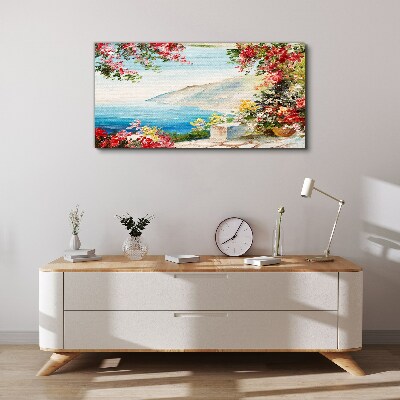 Tableau imprimé sur toile Paysage de bord de mer d'été avec des fleurs
