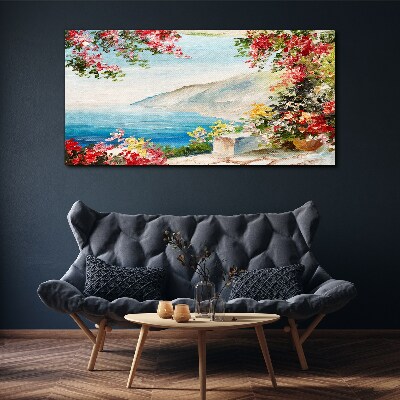 Tableau imprimé sur toile Paysage de bord de mer d'été avec des fleurs