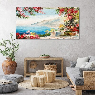 Tableau imprimé sur toile Paysage de bord de mer d'été avec des fleurs