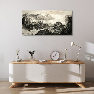 Tableau toile imprimée Vallée de montagne brumeuse