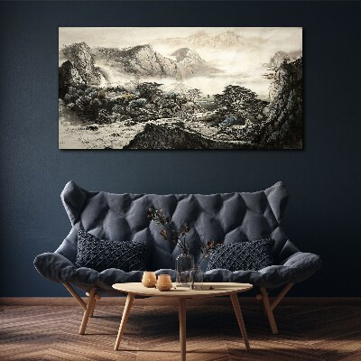 Tableau toile imprimée Vallée de montagne brumeuse