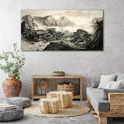 Tableau toile imprimée Vallée de montagne brumeuse