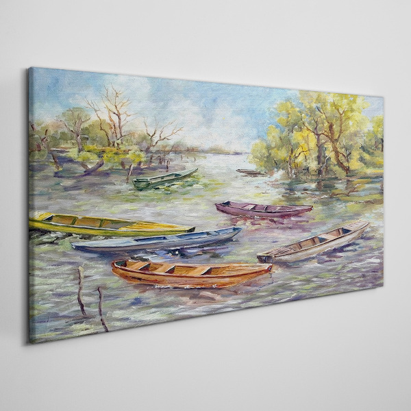 Tableau toile imprimée Un port tranquille avec des bateaux colorés