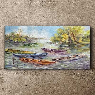 Tableau toile imprimée Un port tranquille avec des bateaux colorés