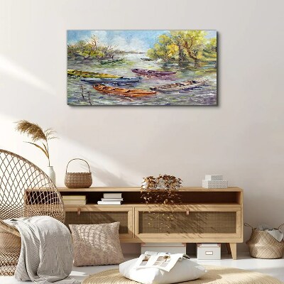 Tableau toile imprimée Un port tranquille avec des bateaux colorés