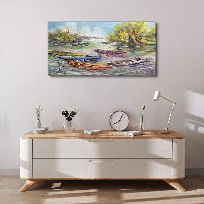 Tableau toile imprimée Un port tranquille avec des bateaux colorés