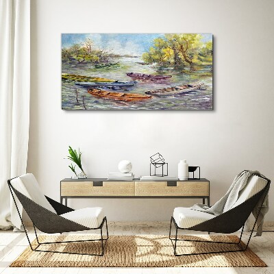 Tableau toile imprimée Un port tranquille avec des bateaux colorés