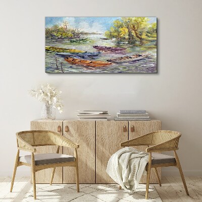 Tableau toile imprimée Un port tranquille avec des bateaux colorés