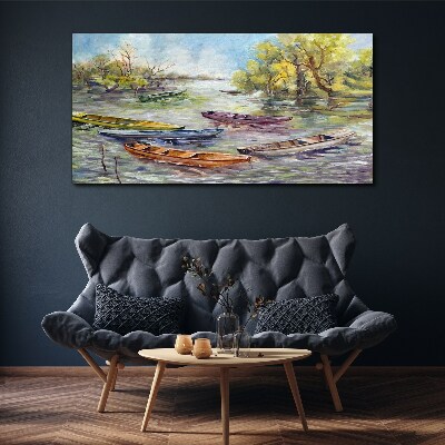 Tableau toile imprimée Un port tranquille avec des bateaux colorés