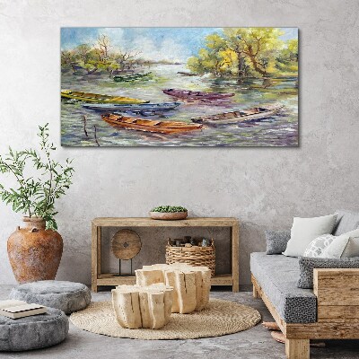 Tableau toile imprimée Un port tranquille avec des bateaux colorés
