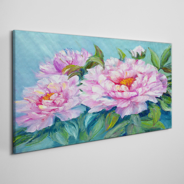 Tableau imprimé sur toile Pivoines roses sur fond bleu