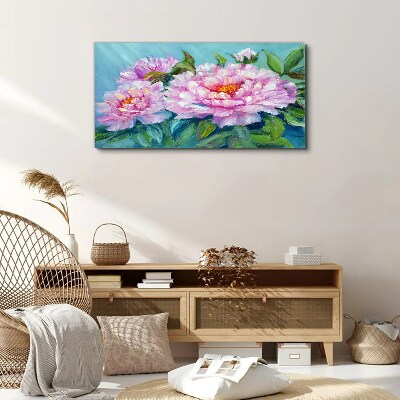 Tableau imprimé sur toile Pivoines roses sur fond bleu