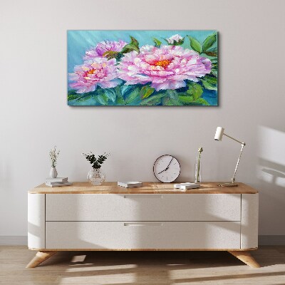 Tableau imprimé sur toile Pivoines roses sur fond bleu
