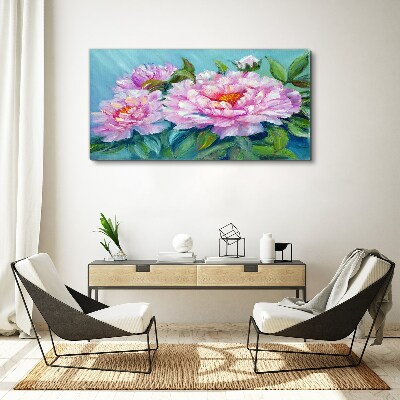 Tableau imprimé sur toile Pivoines roses sur fond bleu