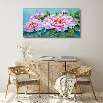 Tableau imprimé sur toile Pivoines roses sur fond bleu