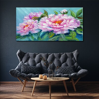 Tableau imprimé sur toile Pivoines roses sur fond bleu