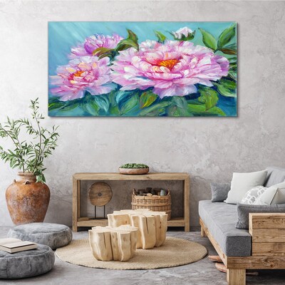 Tableau imprimé sur toile Pivoines roses sur fond bleu