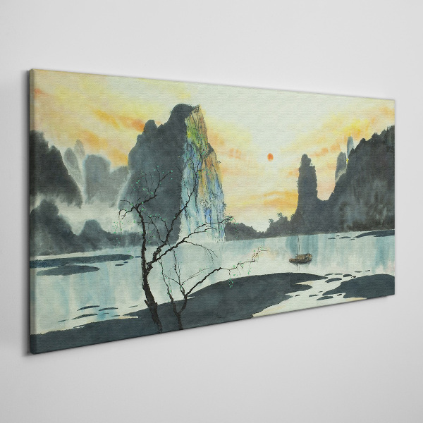 Tableau sur toile Un paysage paisible avec une montagne et un bateau