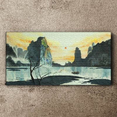 Tableau sur toile Un paysage paisible avec une montagne et un bateau