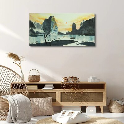 Tableau sur toile Un paysage paisible avec une montagne et un bateau