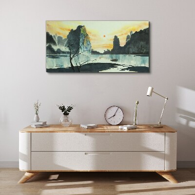 Tableau sur toile Un paysage paisible avec une montagne et un bateau