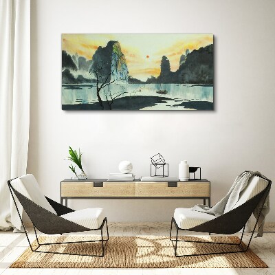 Tableau sur toile Un paysage paisible avec une montagne et un bateau