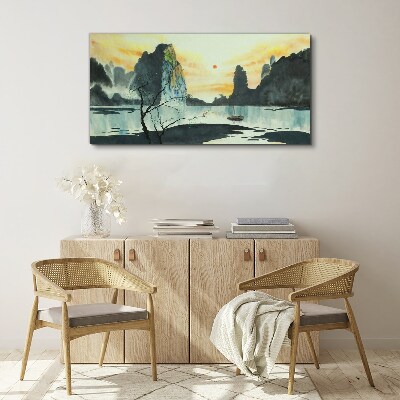 Tableau sur toile Un paysage paisible avec une montagne et un bateau
