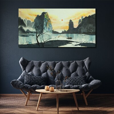 Tableau sur toile Un paysage paisible avec une montagne et un bateau