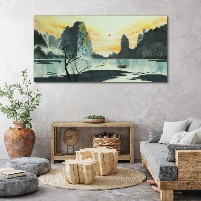 Tableau sur toile Un paysage paisible avec une montagne et un bateau
