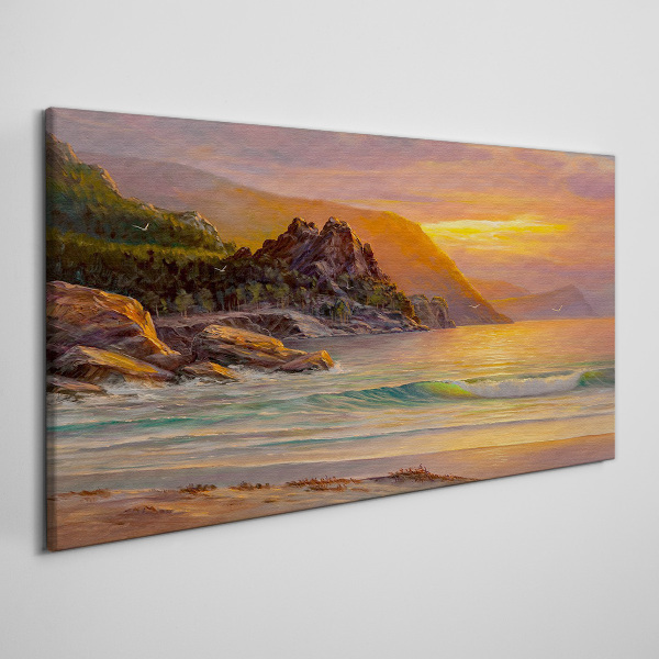 Tableau sur toile Coucher de soleil sur la côte montagneuse