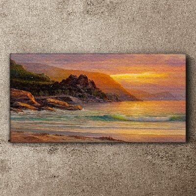 Tableau sur toile Coucher de soleil sur la côte montagneuse